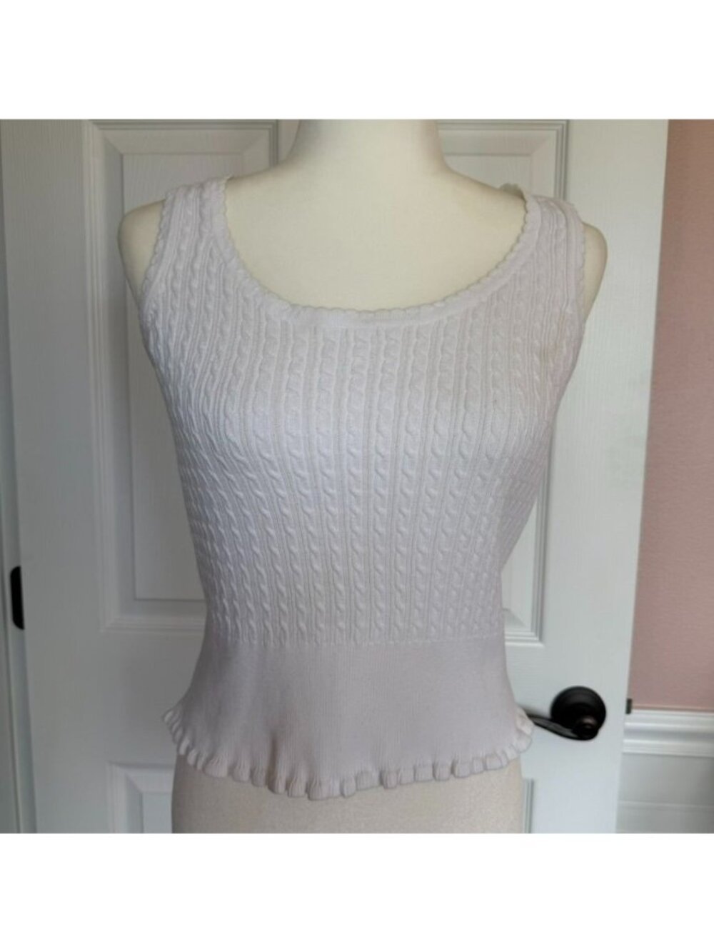 Cottagecore White Pointelle Soft Knit Cotton Blend Sweater Tank Size Small